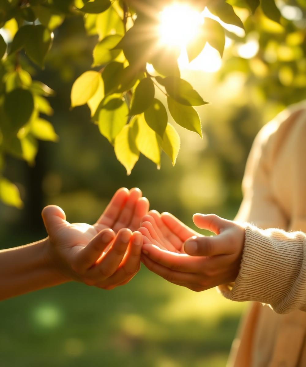 Sunlight through leaves falling on the open hands of an adult and a child