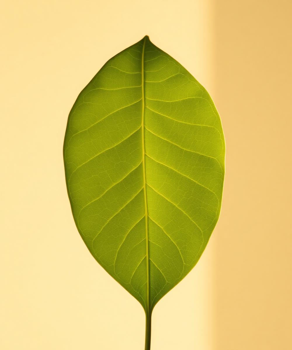 A single green leaf lit from behind by soft morning light